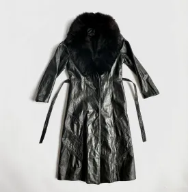 1970s Black Leather Belted Trench Jacket with Fur Collar
