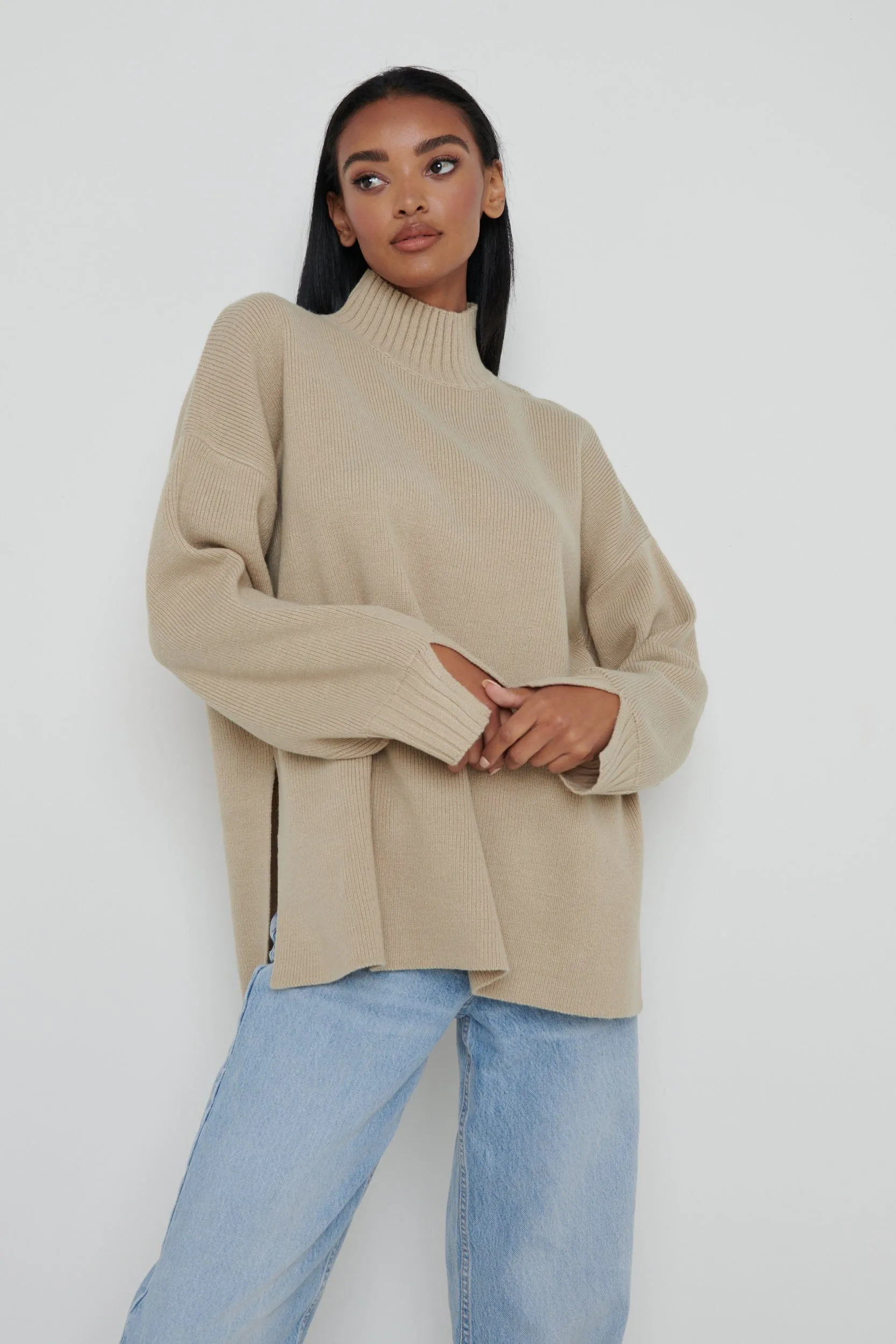 Amory Grown Neck Knit Jumper - Beige