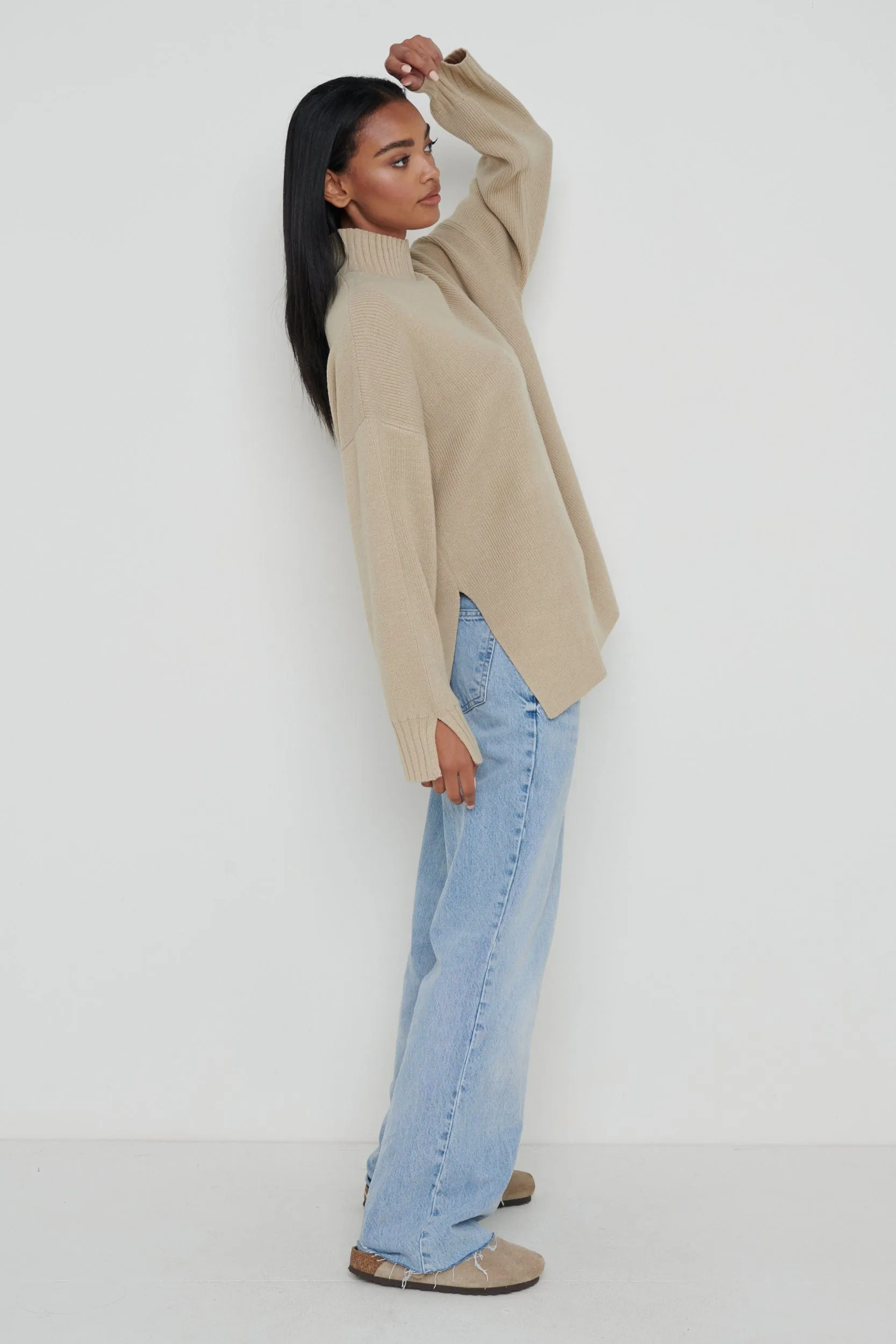 Amory Grown Neck Knit Jumper - Beige