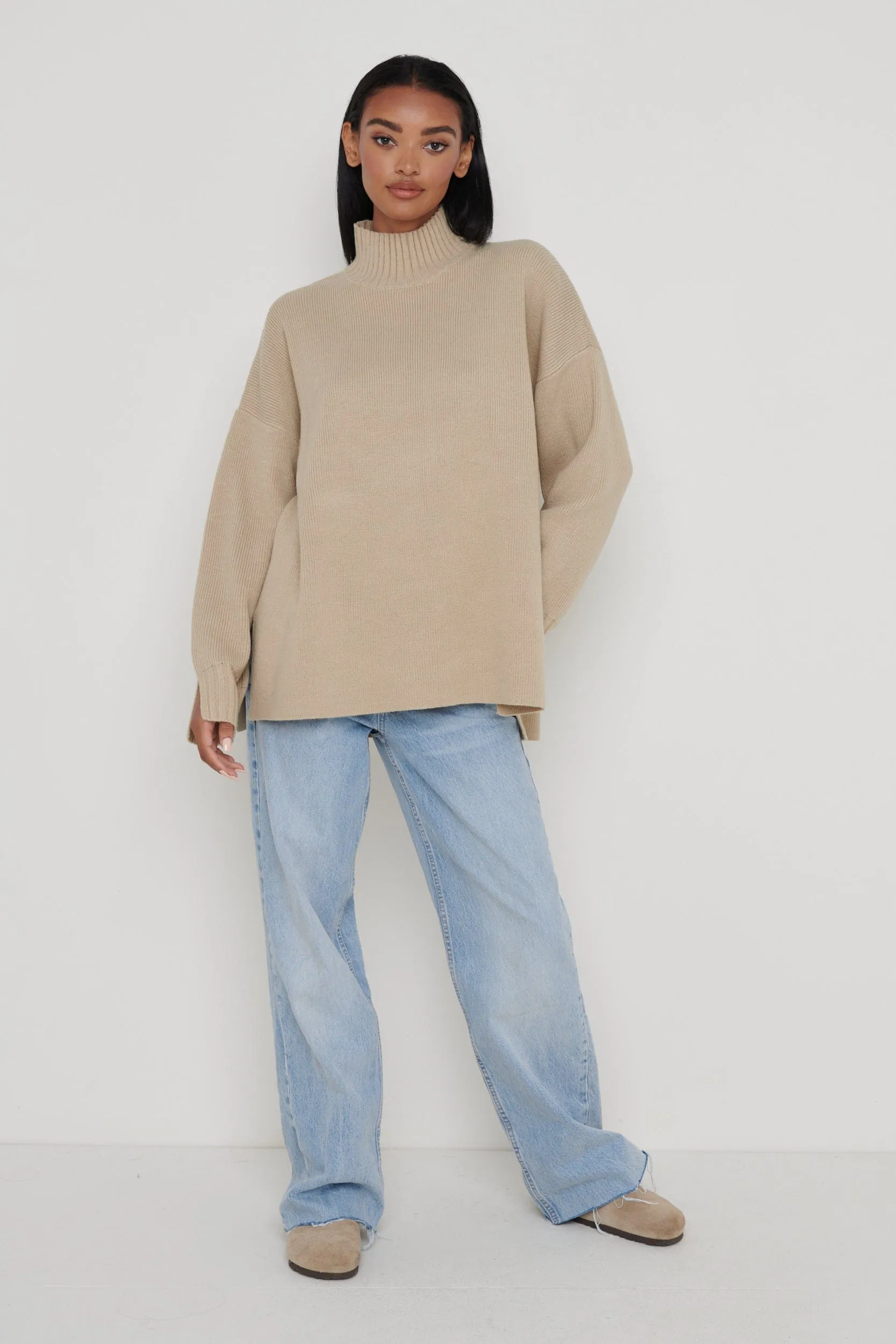 Amory Grown Neck Knit Jumper - Beige