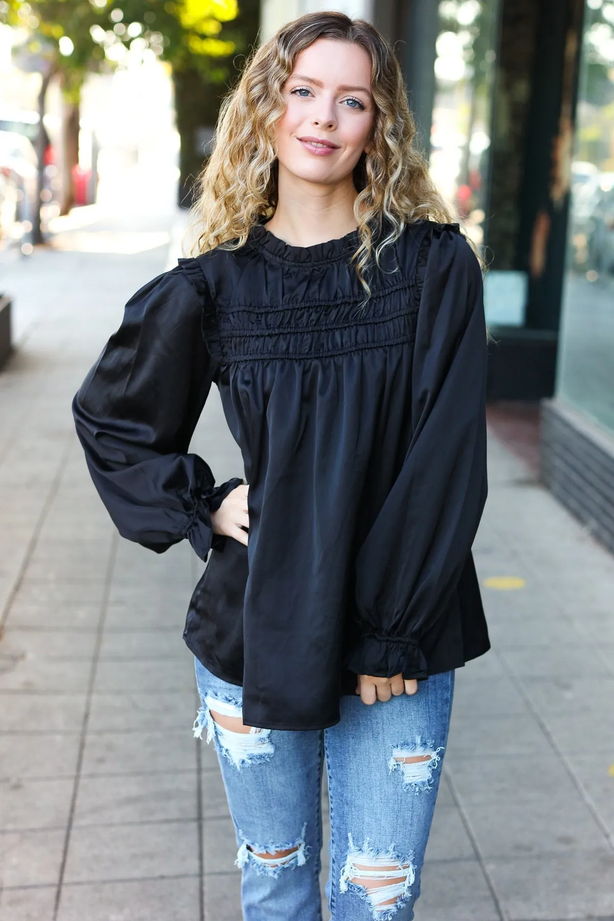 Black Satin Shirred Yoke Frilled Mock Neck Top
