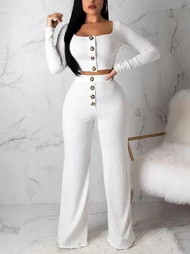 Button Cropped Top Wide Leg Pants Set