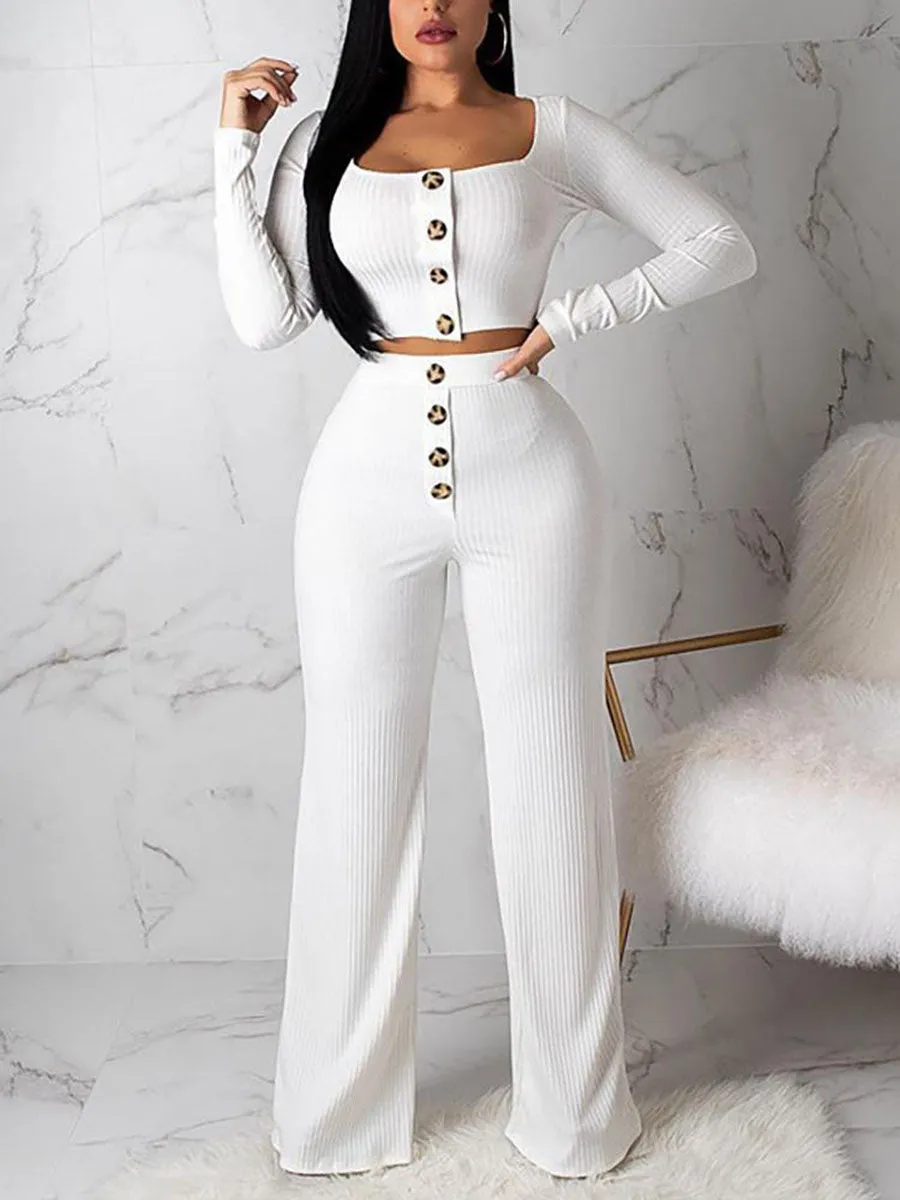 Button Cropped Top Wide Leg Pants Set