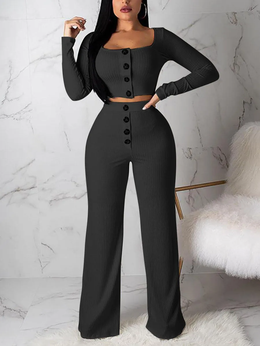 Button Cropped Top Wide Leg Pants Set