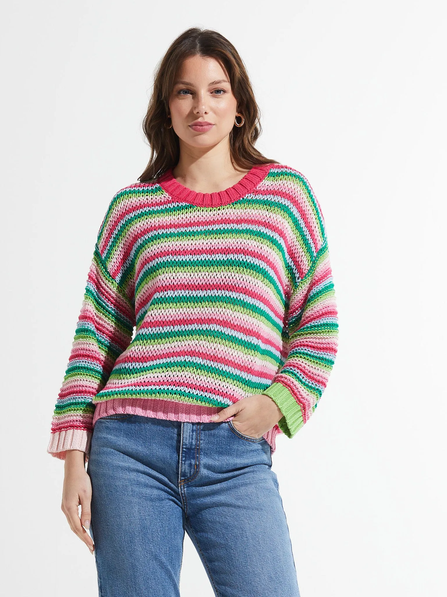 Chloe Open Weave Knit Multi Pink or Lime Striped Sweater