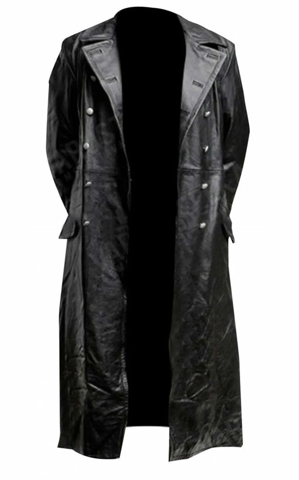 Classic WW2 Military Uniform Officer Black Real Leather Trench Coat