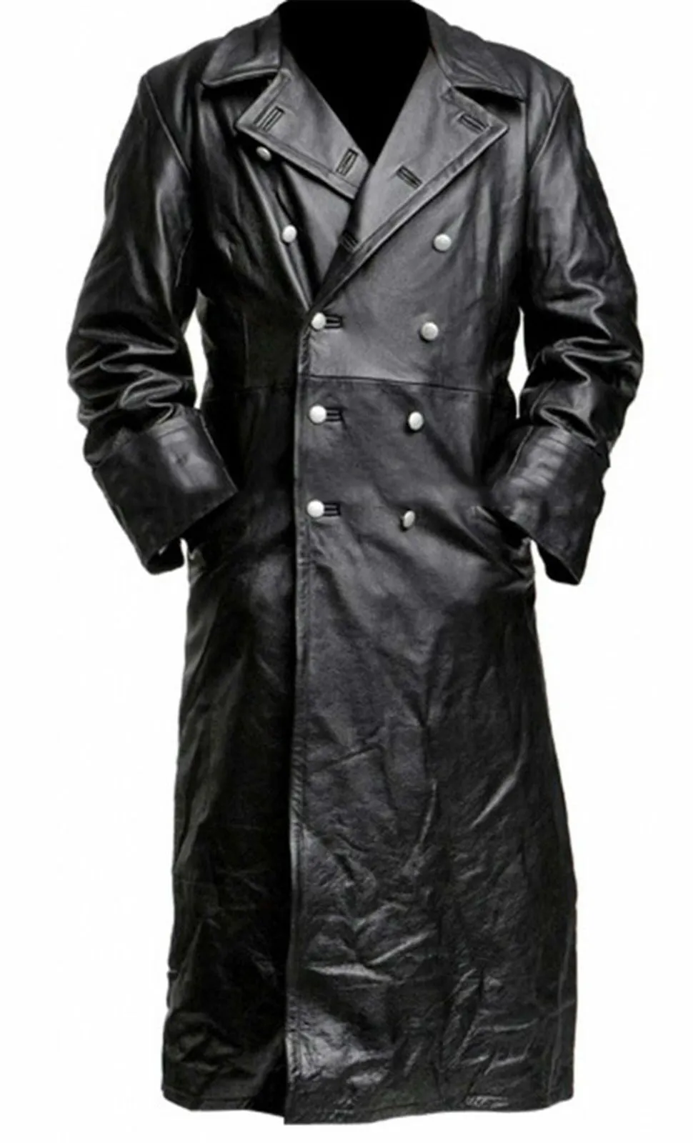 Classic WW2 Military Uniform Officer Black Real Leather Trench Coat