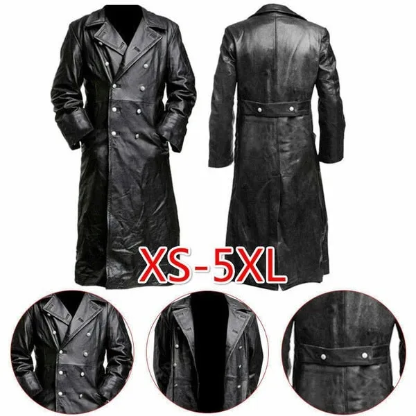 Classic WW2 Military Uniform Officer Black Real Leather Trench Coat