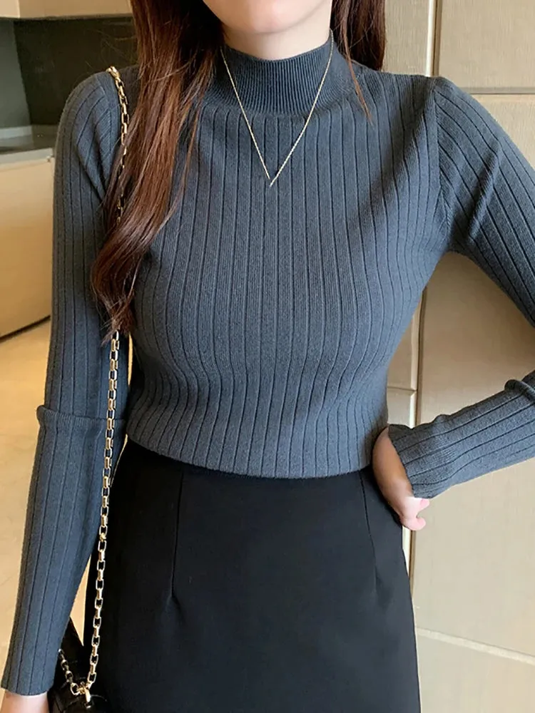 cold weather outfits Joskaa Semi-Turtleneck Sweaters Mockneck Pullovers Solid T-Shirts Cashmere Sweater  Women Autumn Slim Soft Knit Jumpers