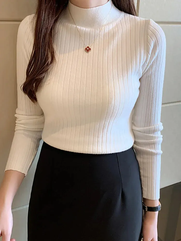 cold weather outfits Joskaa Semi-Turtleneck Sweaters Mockneck Pullovers Solid T-Shirts Cashmere Sweater  Women Autumn Slim Soft Knit Jumpers