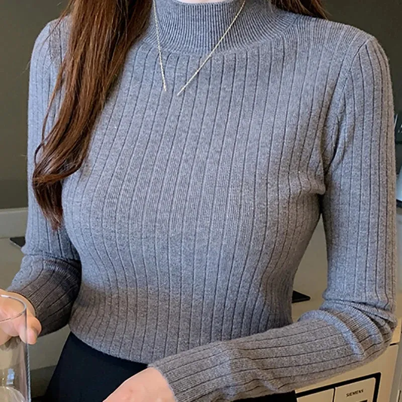 cold weather outfits Joskaa Semi-Turtleneck Sweaters Mockneck Pullovers Solid T-Shirts Cashmere Sweater  Women Autumn Slim Soft Knit Jumpers