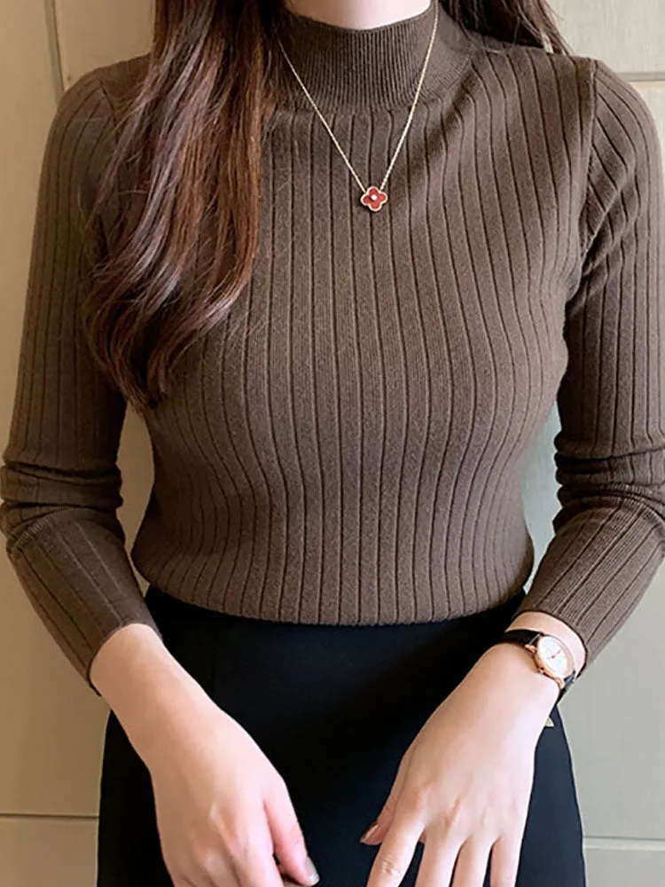 cold weather outfits Joskaa Semi-Turtleneck Sweaters Mockneck Pullovers Solid T-Shirts Cashmere Sweater  Women Autumn Slim Soft Knit Jumpers