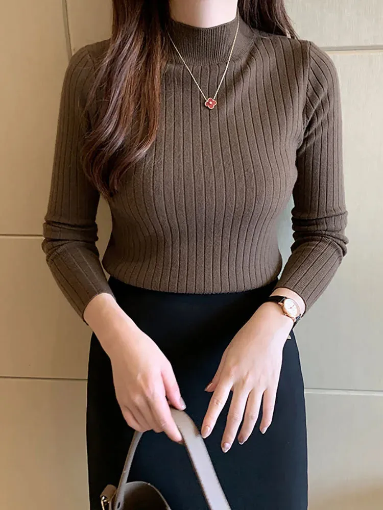 cold weather outfits Joskaa Semi-Turtleneck Sweaters Mockneck Pullovers Solid T-Shirts Cashmere Sweater  Women Autumn Slim Soft Knit Jumpers