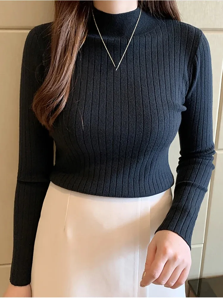 cold weather outfits Joskaa Semi-Turtleneck Sweaters Mockneck Pullovers Solid T-Shirts Cashmere Sweater  Women Autumn Slim Soft Knit Jumpers