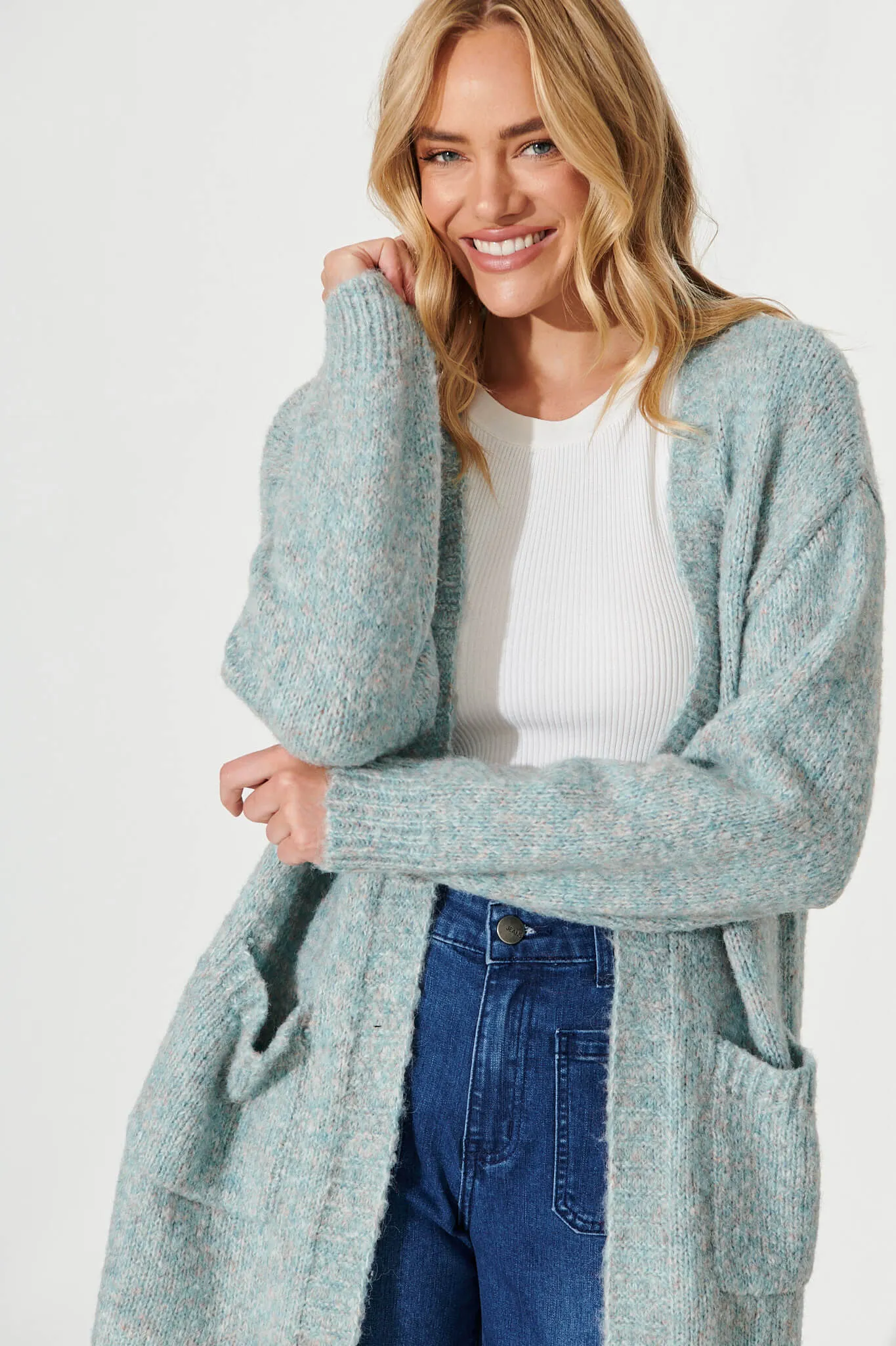 Ersa Knit Cardigan In Dark Teal Marle Wool Blend