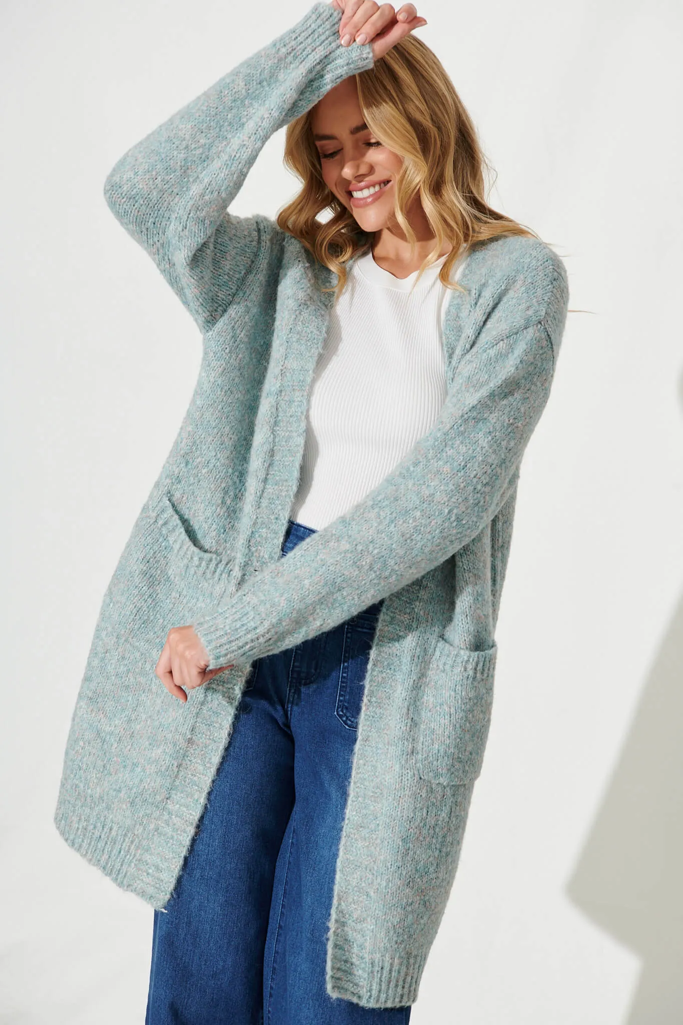 Ersa Knit Cardigan In Dark Teal Marle Wool Blend