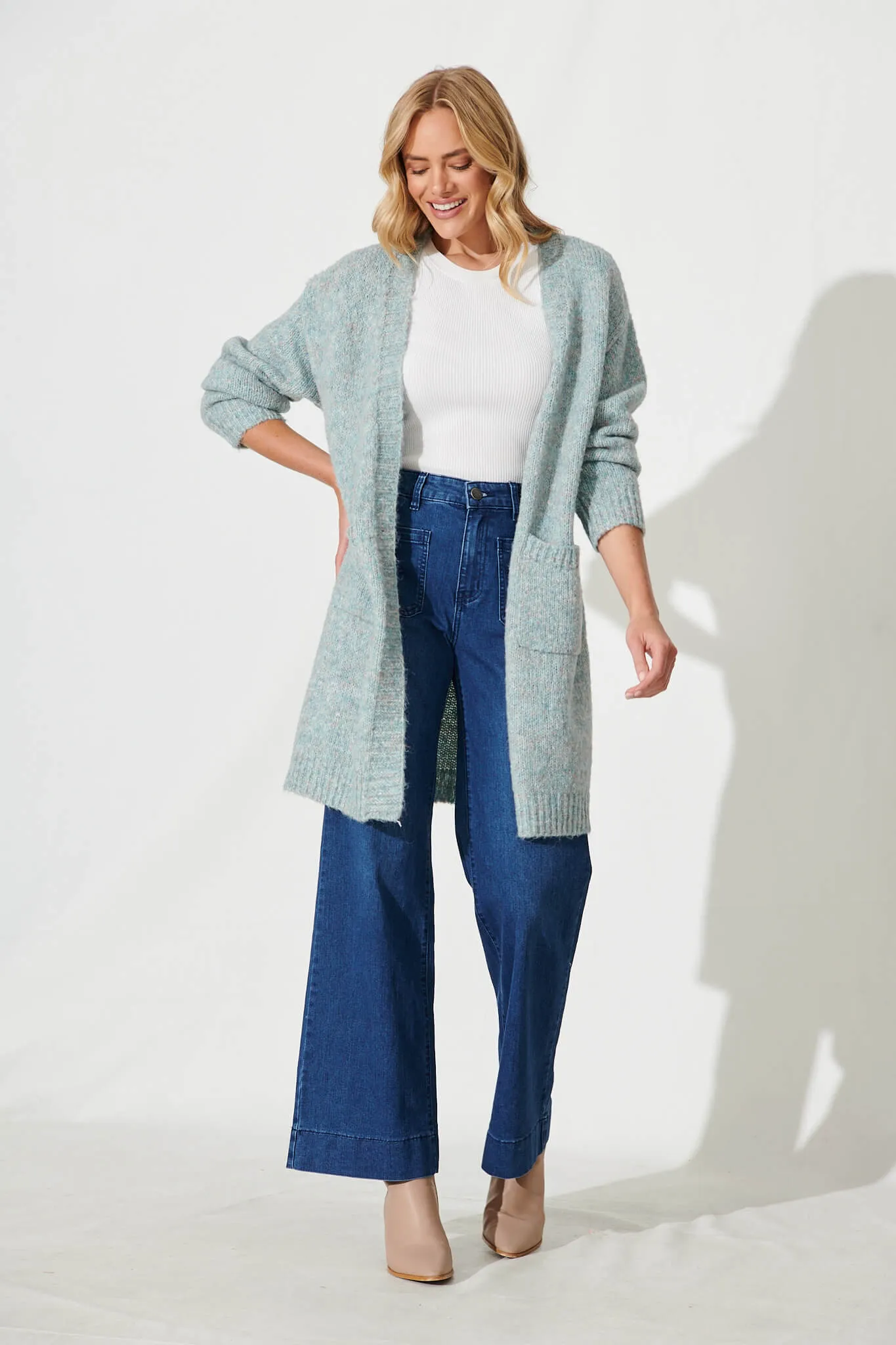 Ersa Knit Cardigan In Dark Teal Marle Wool Blend