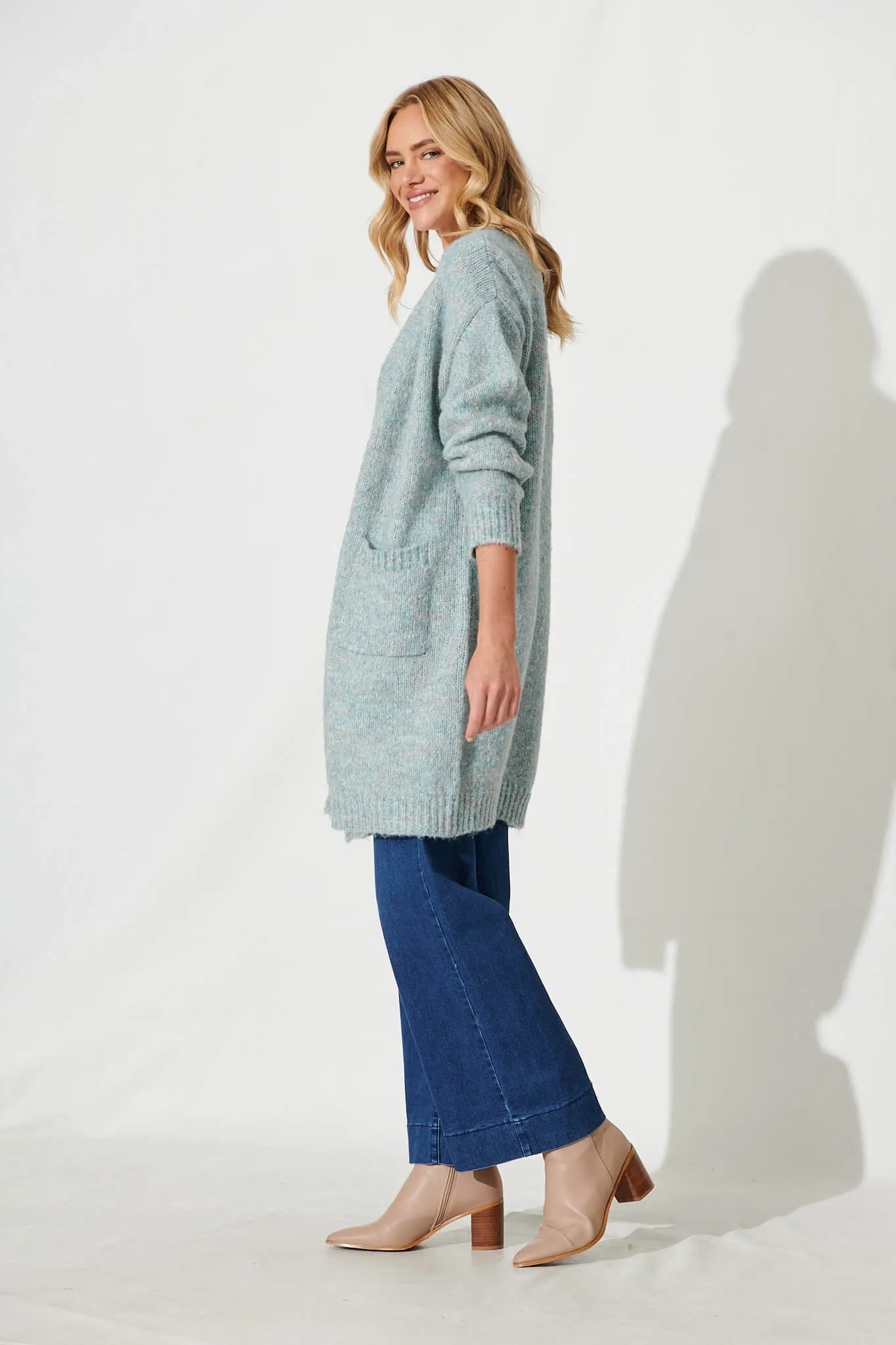 Ersa Knit Cardigan In Dark Teal Marle Wool Blend