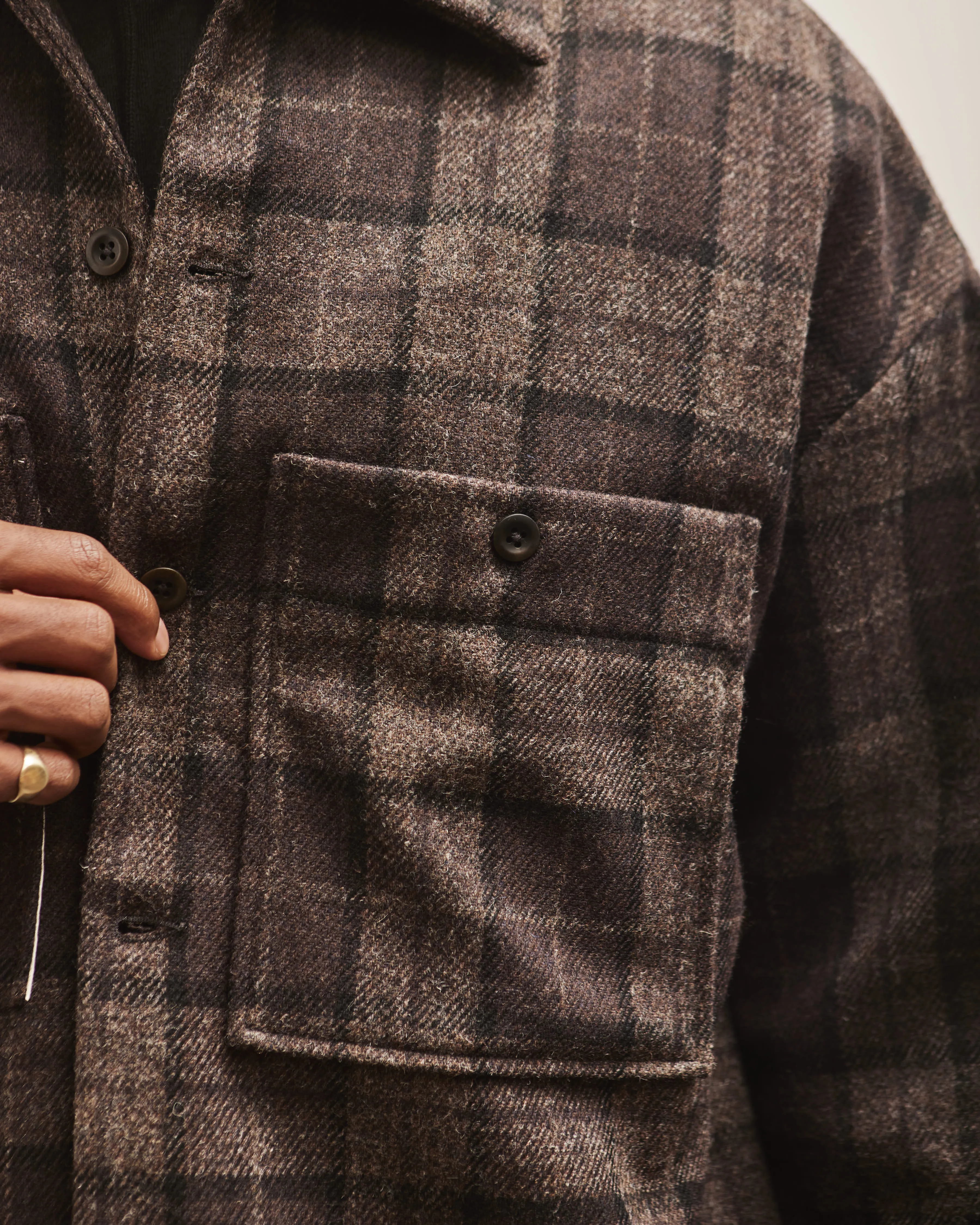Evan Kinori Field Shirt Two, Charcoal Fox Tweed Check