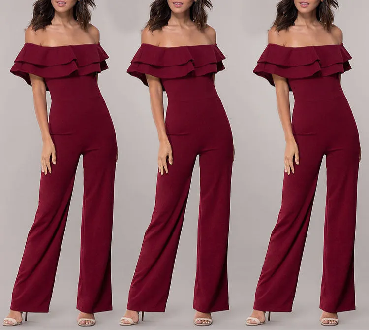 Fashion Pure Color Ruffles Jumpsuit