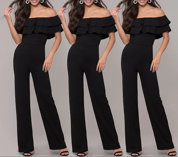 Fashion Pure Color Ruffles Jumpsuit