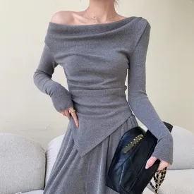 Girlary Knitted Fashion Set Women'S Autumn/Winter Design Irregular Off Shoulder Long Sleeve Top Elastic High Waist Wide Leg Pants