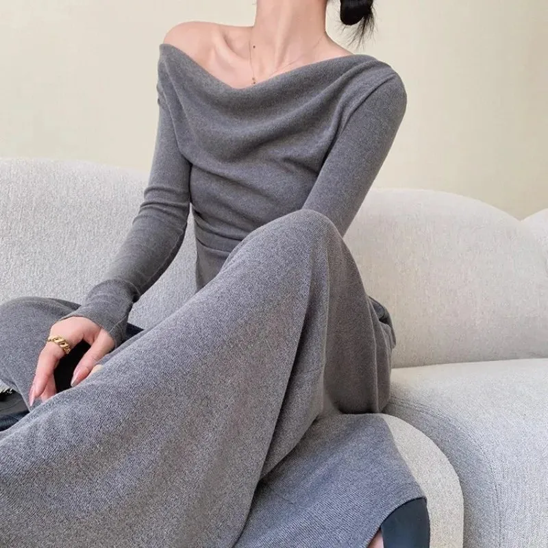 Girlary Knitted Fashion Set Women'S Autumn/Winter Design Irregular Off Shoulder Long Sleeve Top Elastic High Waist Wide Leg Pants
