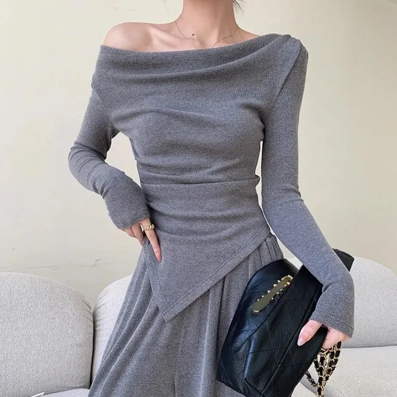 Girlary Knitted Fashion Set Women'S Autumn/Winter Design Irregular Off Shoulder Long Sleeve Top Elastic High Waist Wide Leg Pants