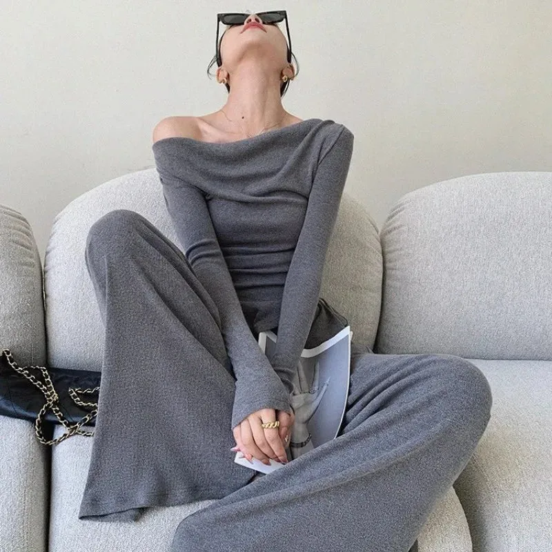 Girlary Knitted Fashion Set Women'S Autumn/Winter Design Irregular Off Shoulder Long Sleeve Top Elastic High Waist Wide Leg Pants
