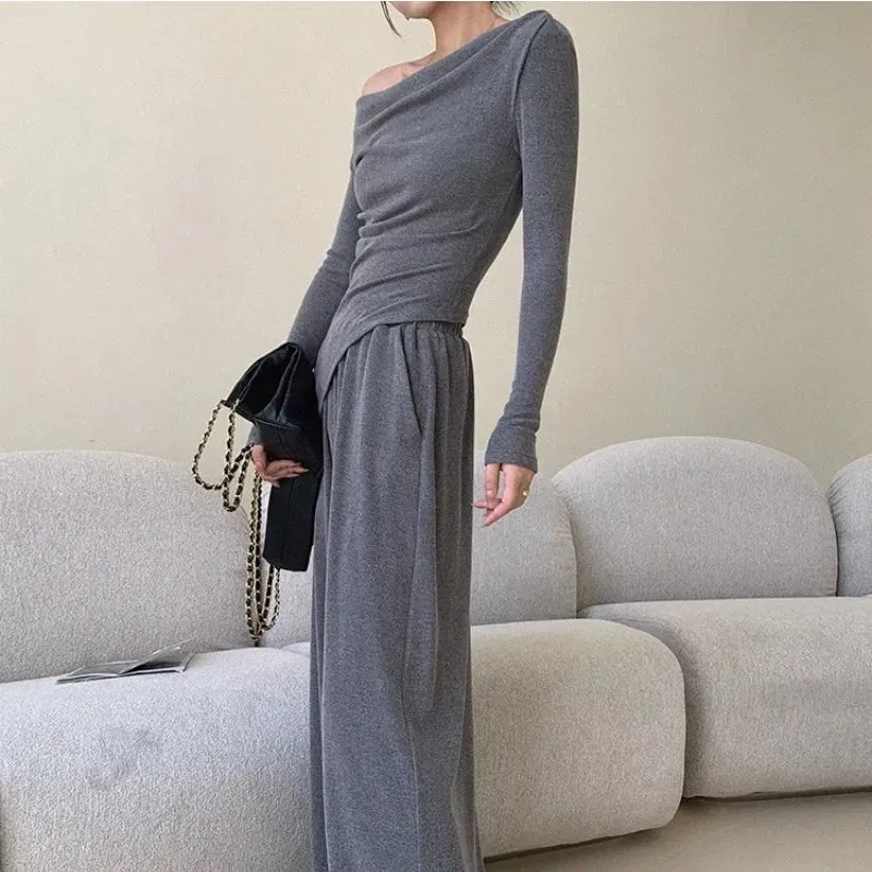 Girlary Knitted Fashion Set Women'S Autumn/Winter Design Irregular Off Shoulder Long Sleeve Top Elastic High Waist Wide Leg Pants