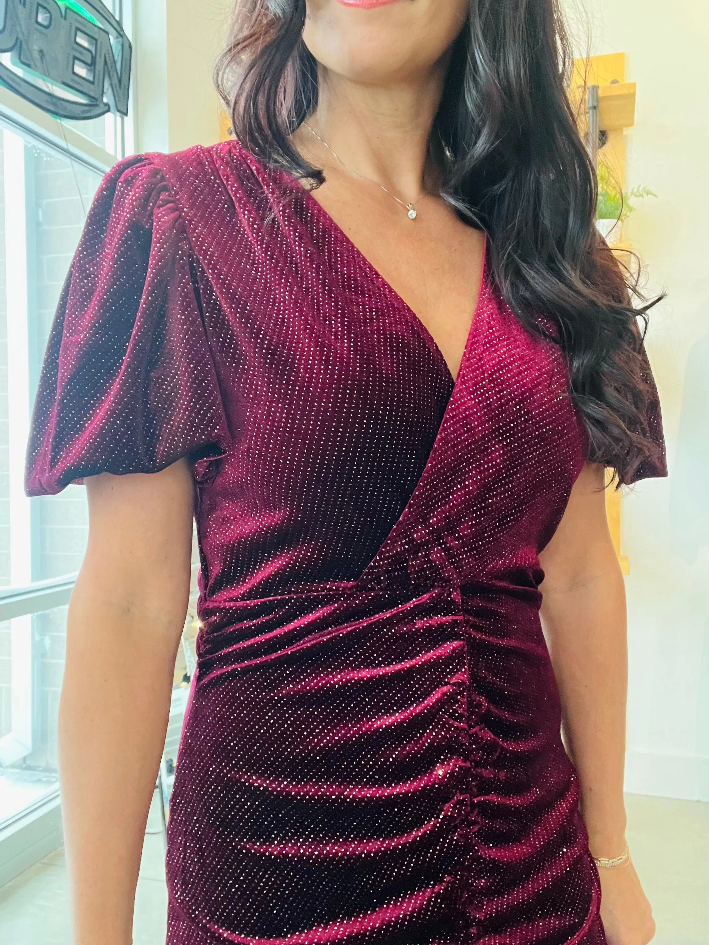 Glitter V Neck Mini Dress - Wine