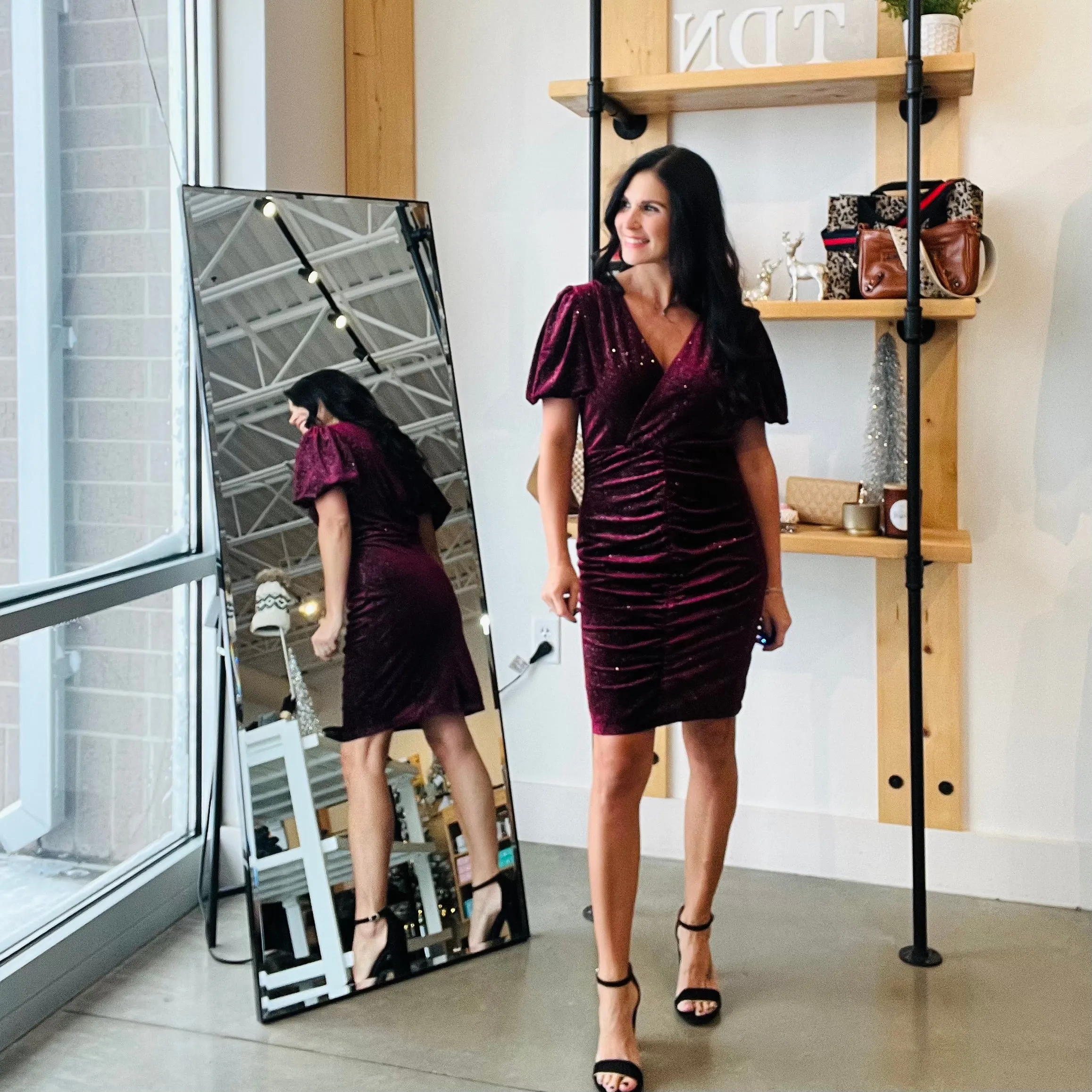 Glitter V Neck Mini Dress - Wine