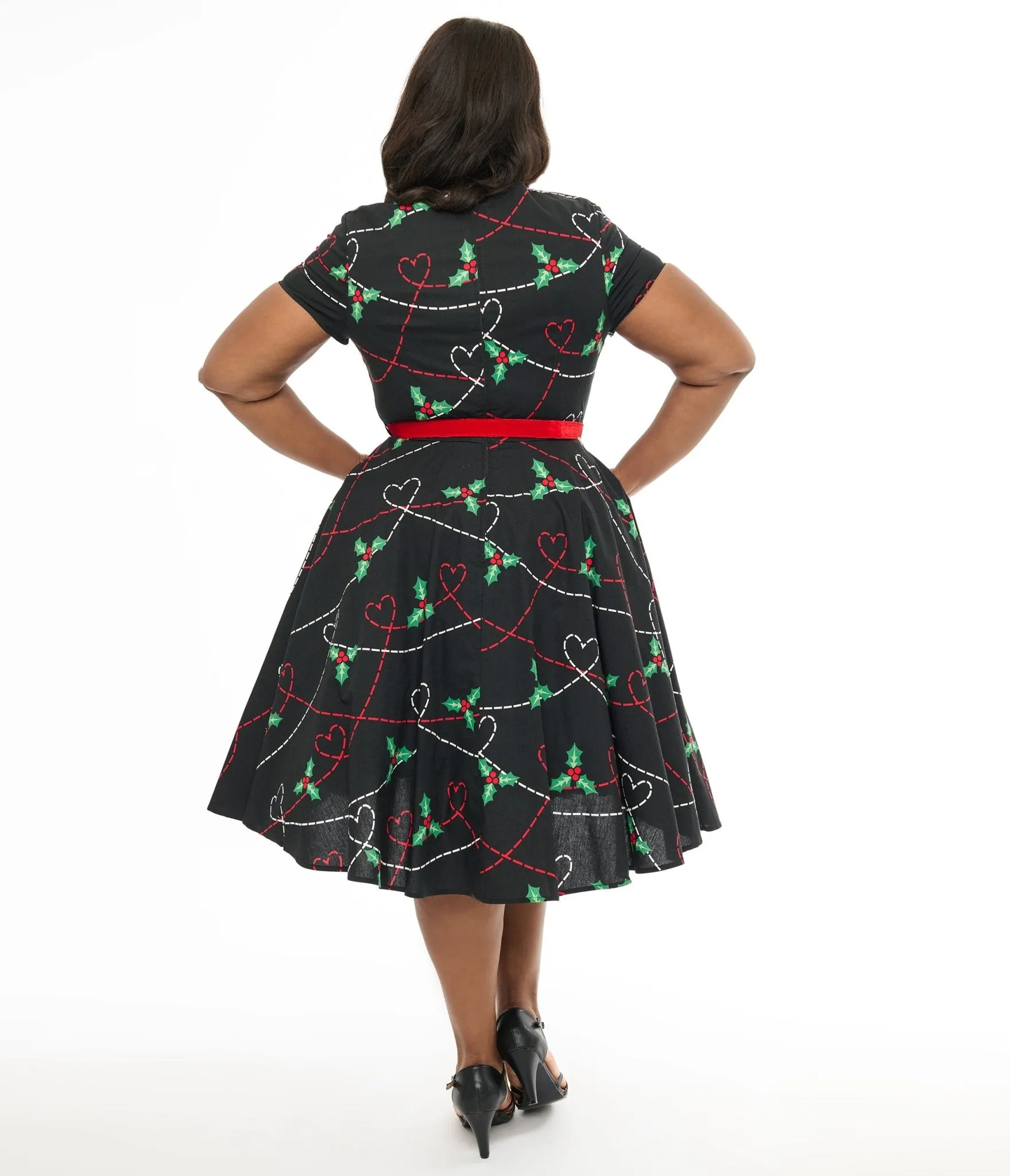 Hell Bunny Plus Size 1950s Festive Hearts & Holly Print Angelica Swing Dress