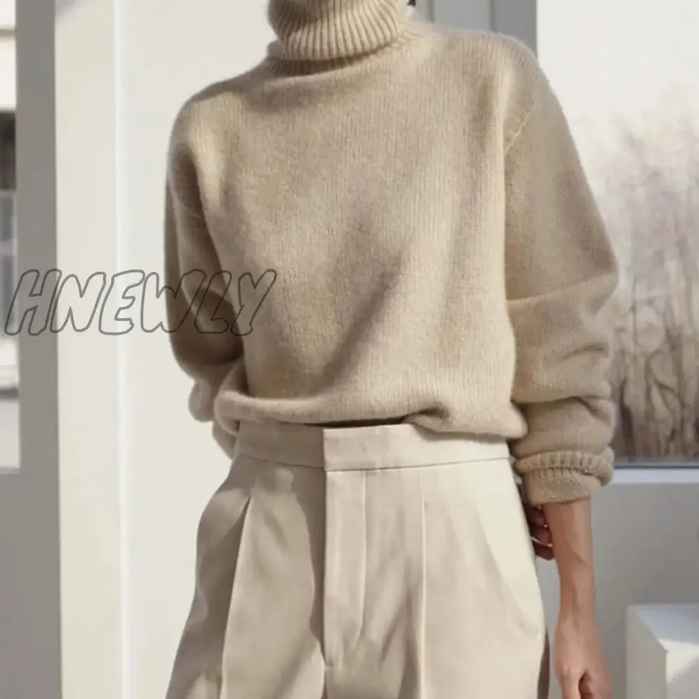 Hnewly Cashmere Elegant Turtle Neck Women Sweater Soft Knitted Basic Pullovers O Neck Loose Warm Female Knitwear Jumper