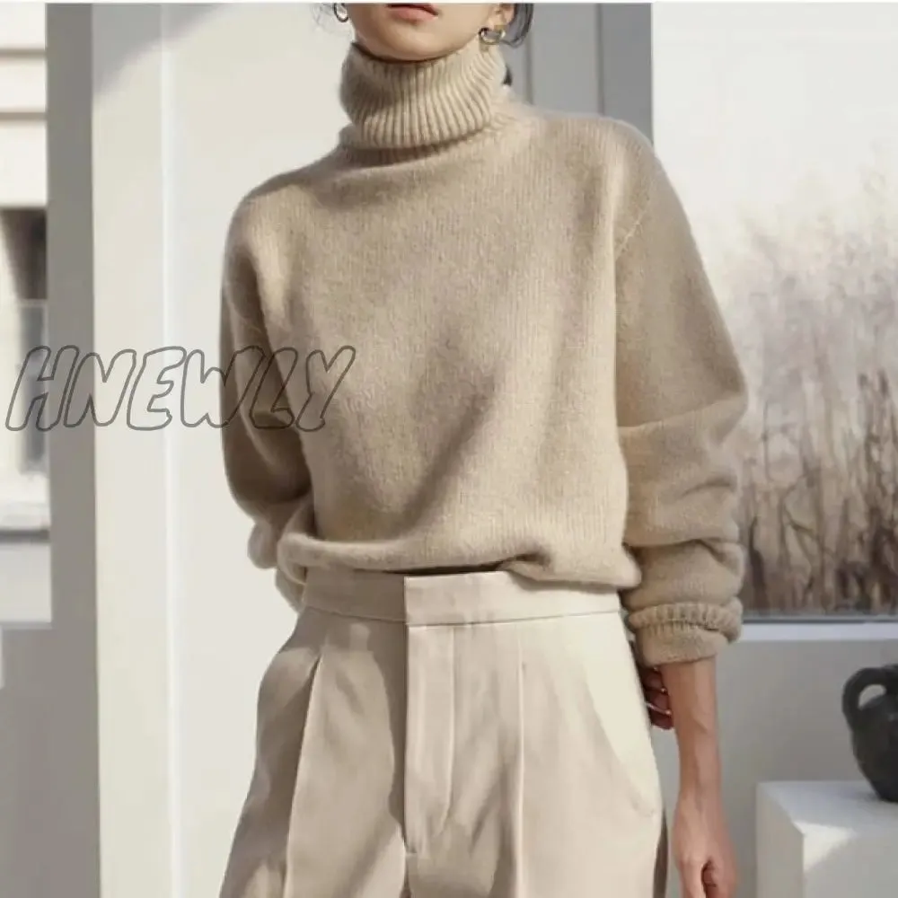 Hnewly Cashmere Elegant Turtle Neck Women Sweater Soft Knitted Basic Pullovers O Neck Loose Warm Female Knitwear Jumper