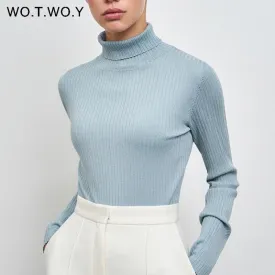 Joskaa Christmas Gift WOTWOY Basic Knitted Turtleneck Sweaters Women Autumn Winter Slim Fit Bottoming Pullovers Women Solid Cotton Knitwear Female