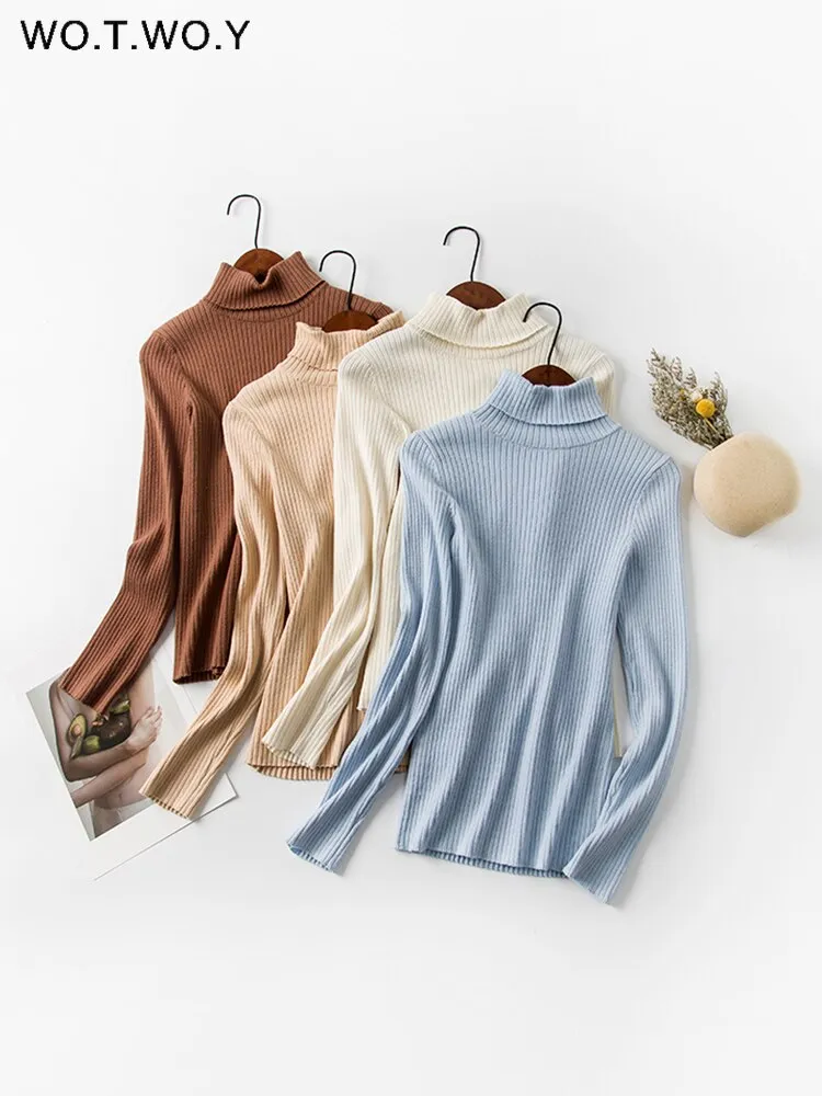 Joskaa Christmas Gift WOTWOY Basic Knitted Turtleneck Sweaters Women Autumn Winter Slim Fit Bottoming Pullovers Women Solid Cotton Knitwear Female