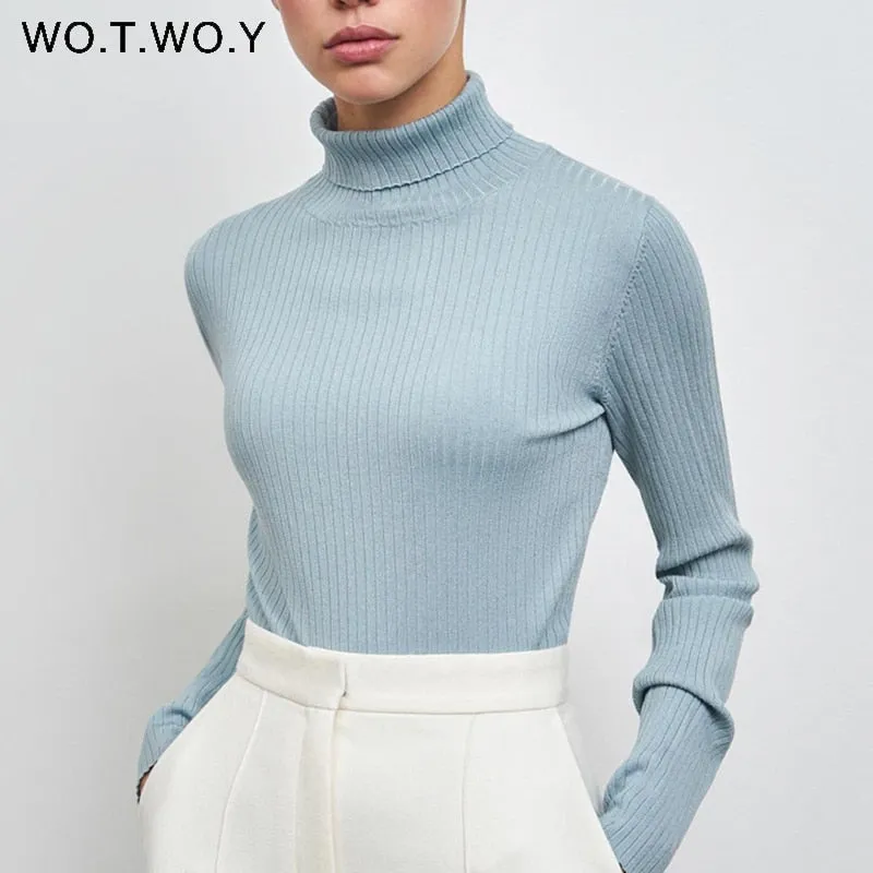 Joskaa Christmas Gift WOTWOY Basic Knitted Turtleneck Sweaters Women Autumn Winter Slim Fit Bottoming Pullovers Women Solid Cotton Knitwear Female