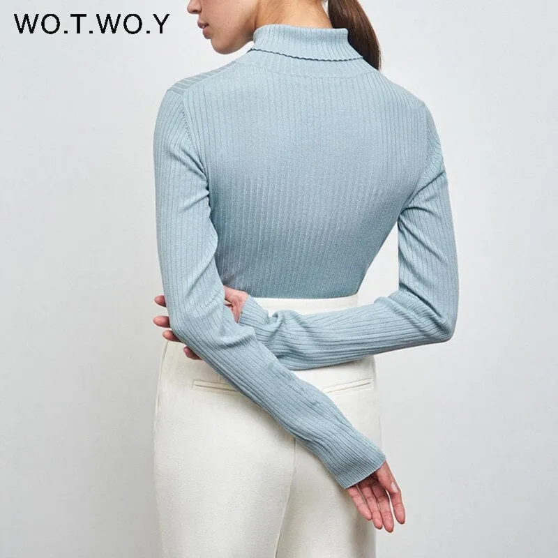 Joskaa Christmas Gift WOTWOY Basic Knitted Turtleneck Sweaters Women Autumn Winter Slim Fit Bottoming Pullovers Women Solid Cotton Knitwear Female