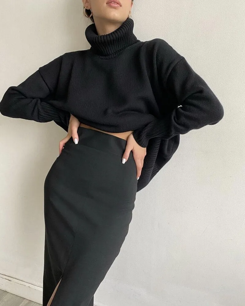 Joskaa Christmas Gift WOTWOY Turtleneck Knitted Sweater Women Autumn Winter Oversized Loose-fitt Basic Pullovers Female Solid Jumpers Soft Knit Tops