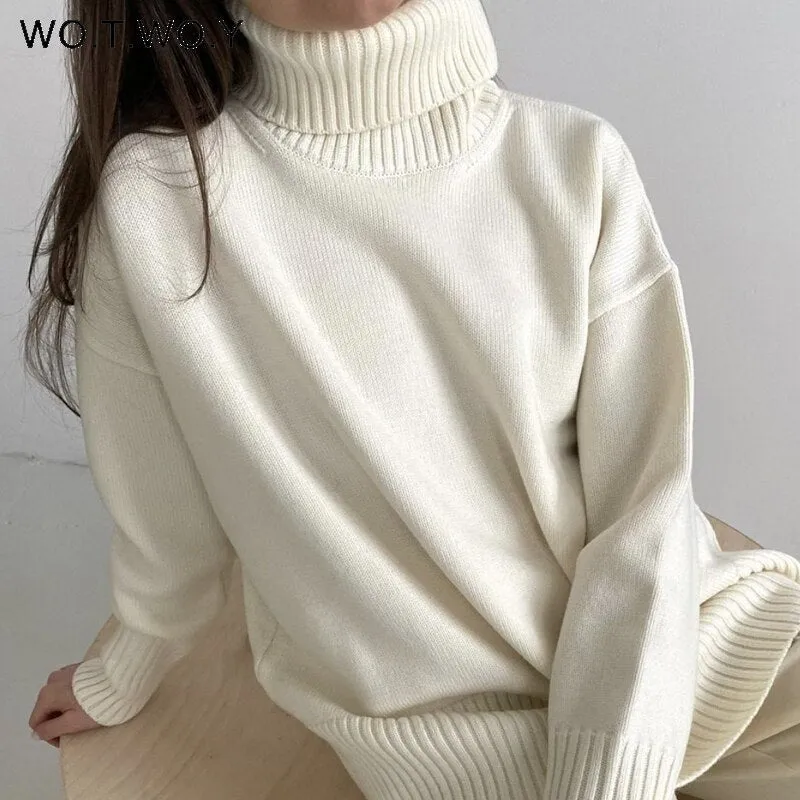 Joskaa Christmas Gift WOTWOY Turtleneck Knitted Sweater Women Autumn Winter Oversized Loose-fitt Basic Pullovers Female Solid Jumpers Soft Knit Tops