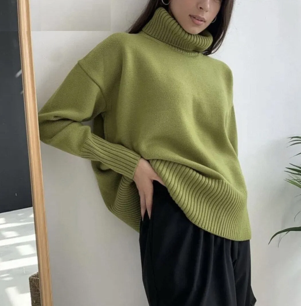 Joskaa Christmas Gift WOTWOY Turtleneck Knitted Sweater Women Autumn Winter Oversized Loose-fitt Basic Pullovers Female Solid Jumpers Soft Knit Tops
