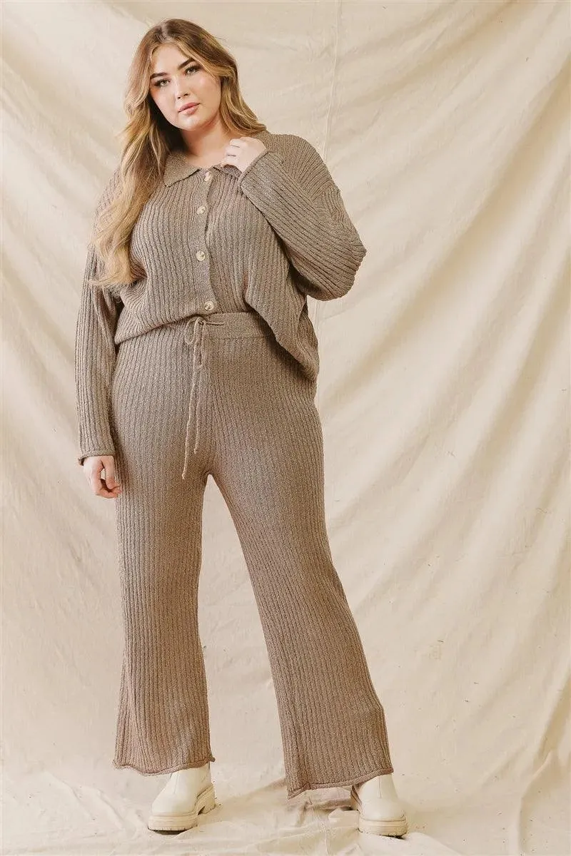 Junior Plus Mocha Knit Button-Up Collared Sweater & Wide Leg Pants Set /2-2-1