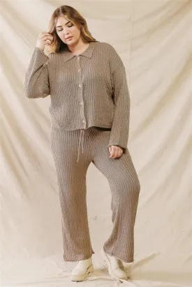 Junior Plus Mocha Knit Button-Up Collared Sweater & Wide Leg Pants Set /2-2-1