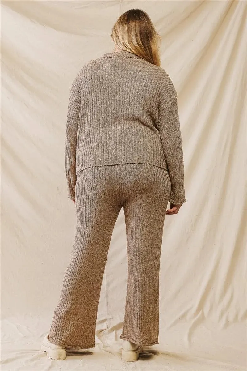 Junior Plus Mocha Knit Button-Up Collared Sweater & Wide Leg Pants Set /2-2-1
