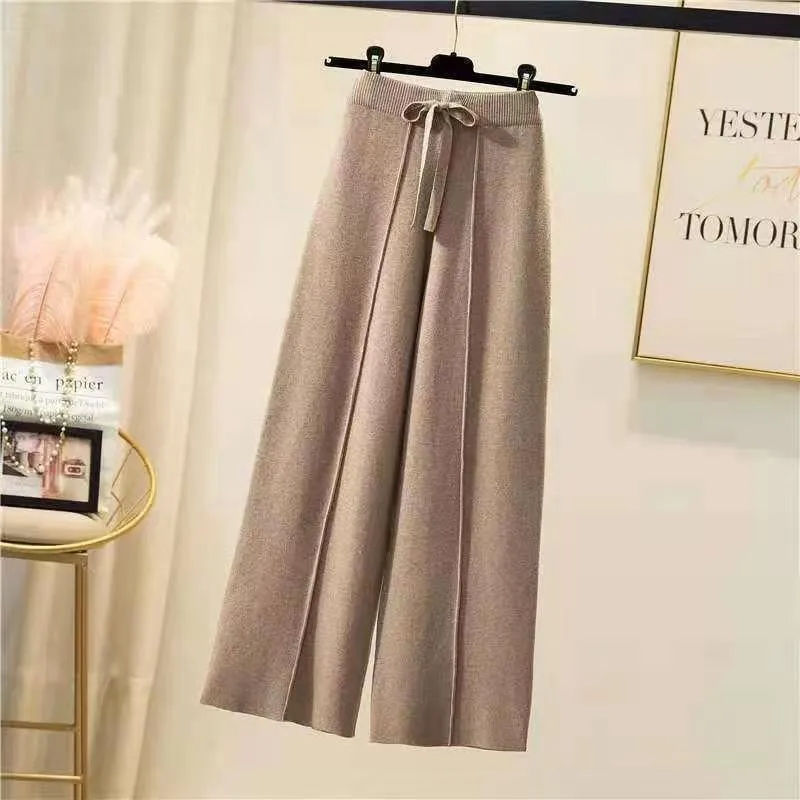Knitted pants women spring and autumn high waist elastic drape drawstring loose casual mopping pants straight wide leg pants