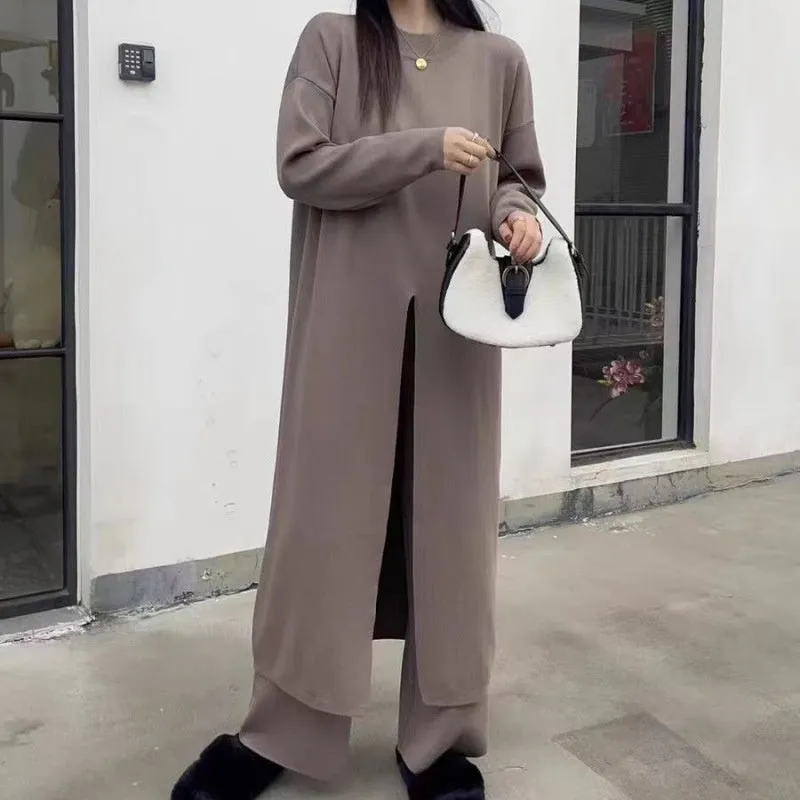 Knitted Slit Top  Long Pants 2-Piece Set