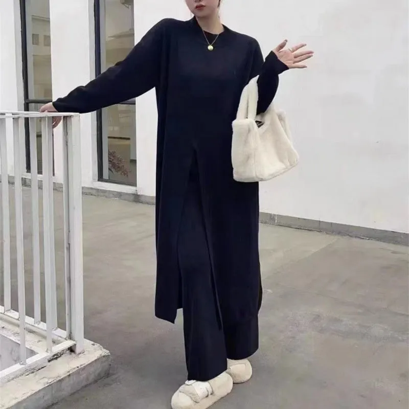 Knitted Slit Top  Long Pants 2-Piece Set
