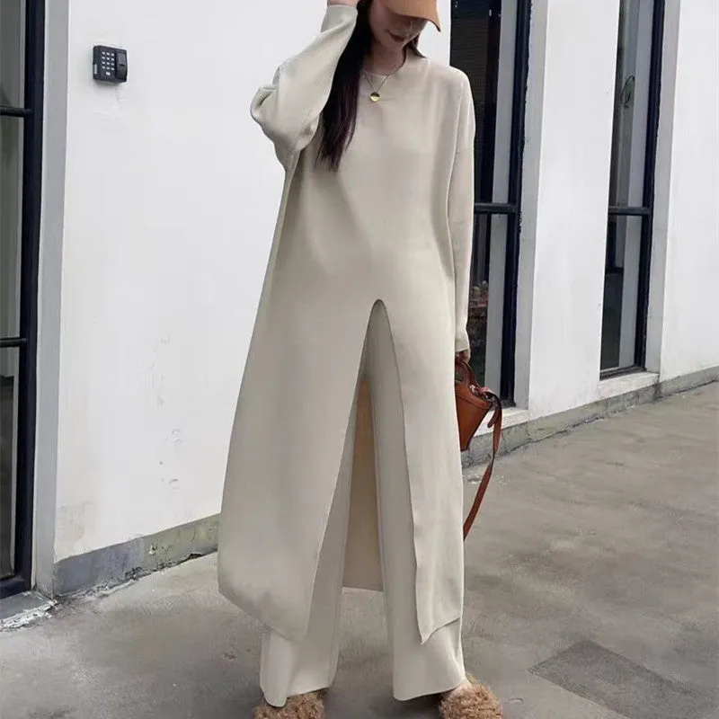 Knitted Slit Top  Long Pants 2-Piece Set