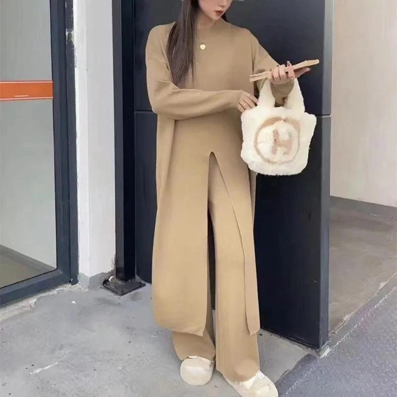 Knitted Slit Top  Long Pants 2-Piece Set